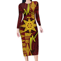 Personalised Tonga Haapai High School Family Matching Long Sleeve Bodycon Dress and Hawaiian Shirt Special Kupesi Pattern LT9 Mom's Dress Gold - Polynesian Pride