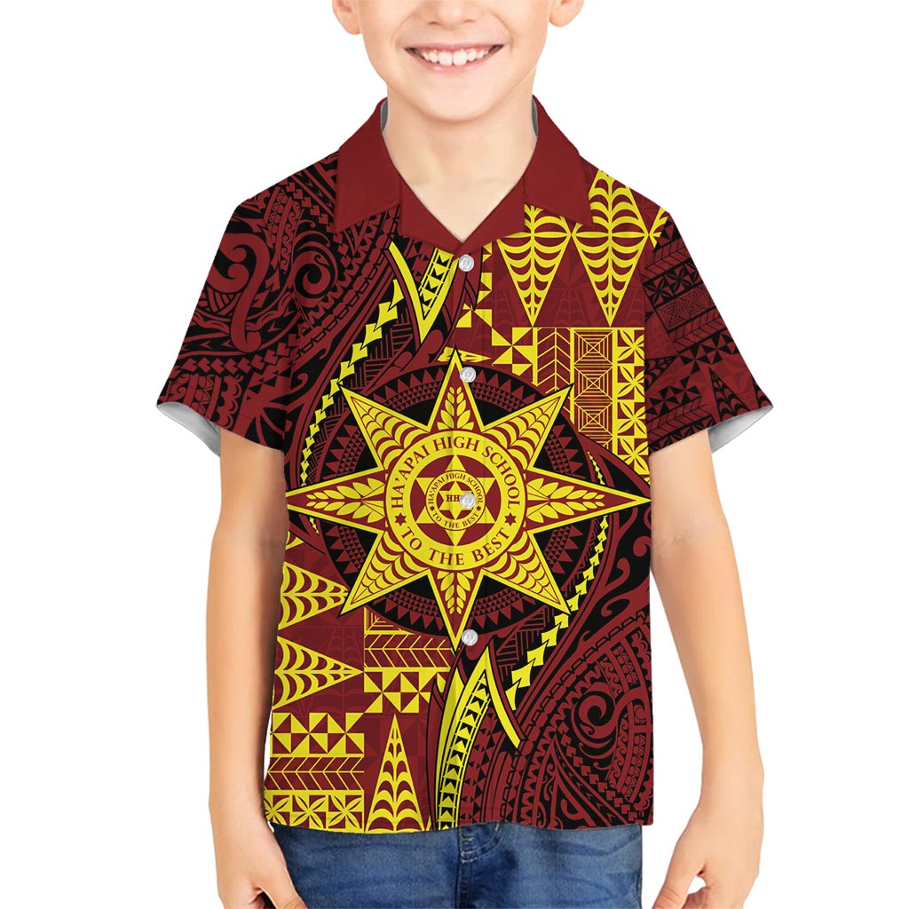 Personalised Tonga Haapai High School Family Matching Long Sleeve Bodycon Dress and Hawaiian Shirt Special Kupesi Pattern LT9 Son's Shirt Gold - Polynesian Pride