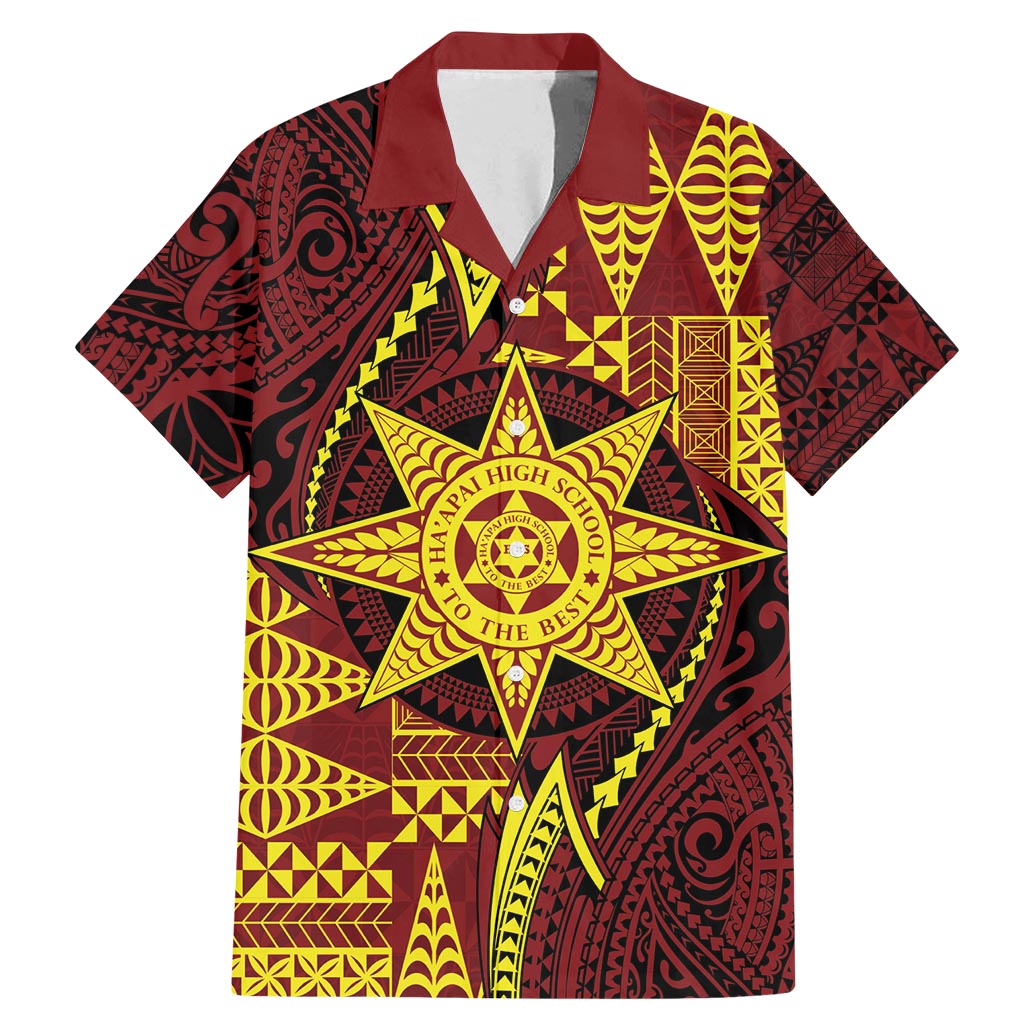 Personalised Tonga Haapai High School Family Matching Mermaid Dress and Hawaiian Shirt Special Kupesi Pattern LT9 Dad's Shirt - Short Sleeve Gold - Polynesian Pride