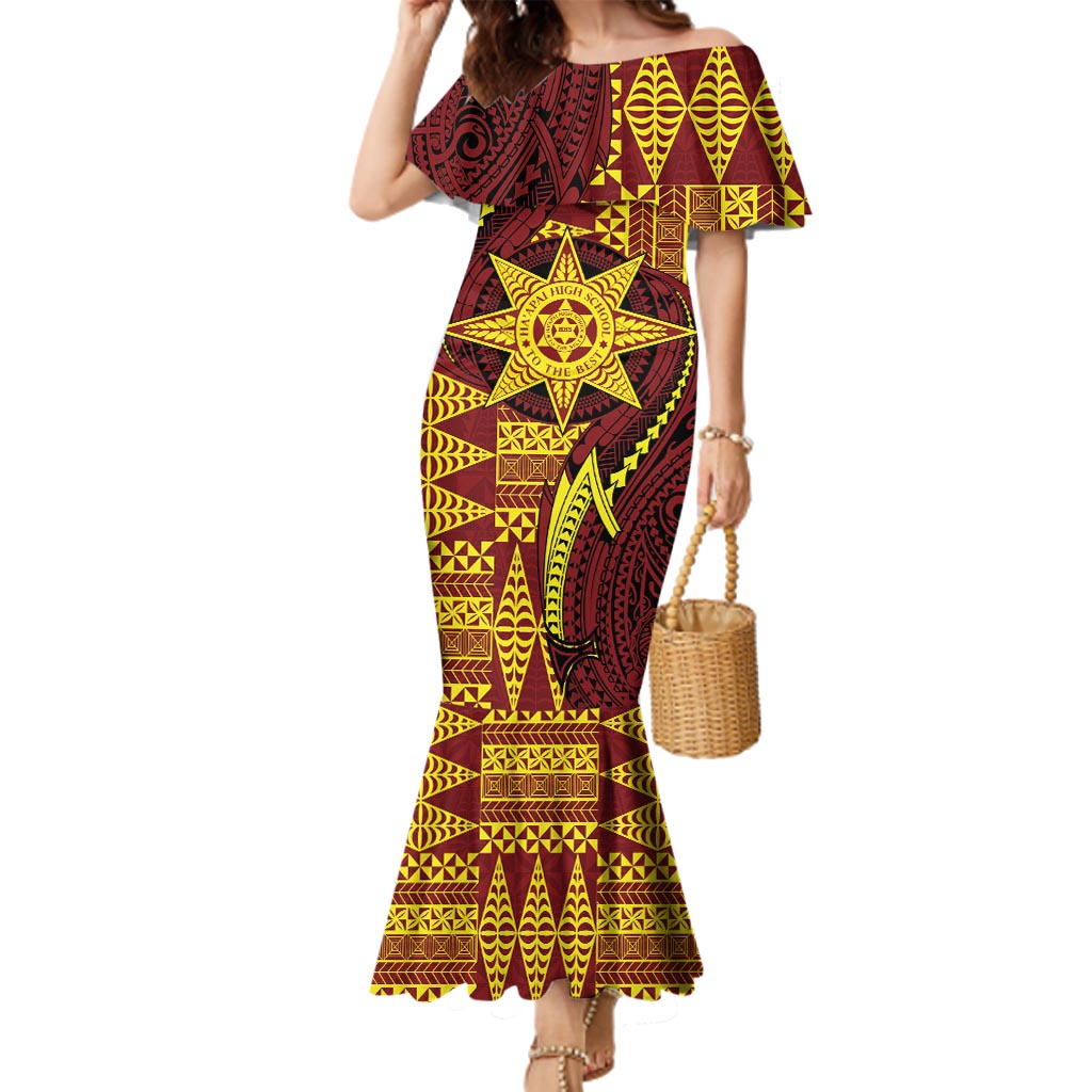 Personalised Tonga Haapai High School Family Matching Mermaid Dress and Hawaiian Shirt Special Kupesi Pattern LT9 Mom's Dress Gold - Polynesian Pride