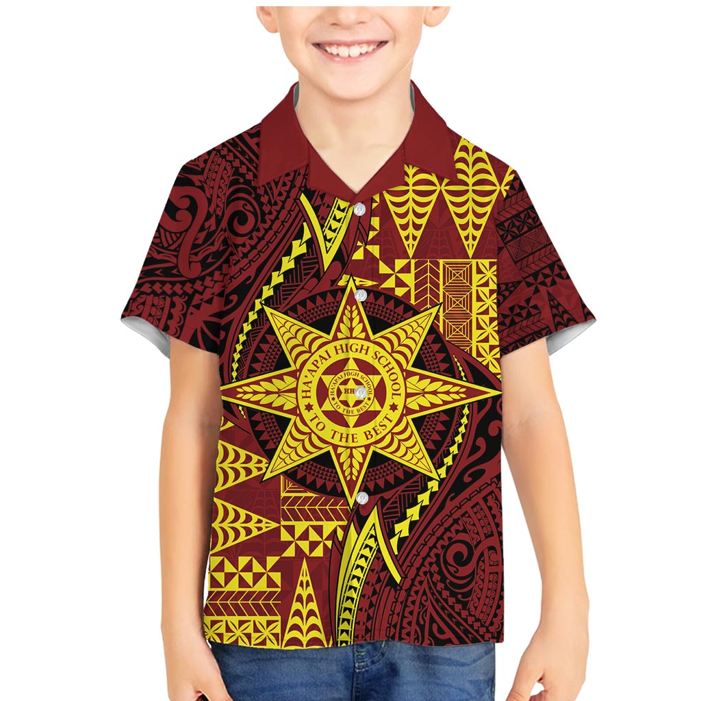 Personalised Tonga Haapai High School Family Matching Mermaid Dress and Hawaiian Shirt Special Kupesi Pattern LT9 Son's Shirt Gold - Polynesian Pride