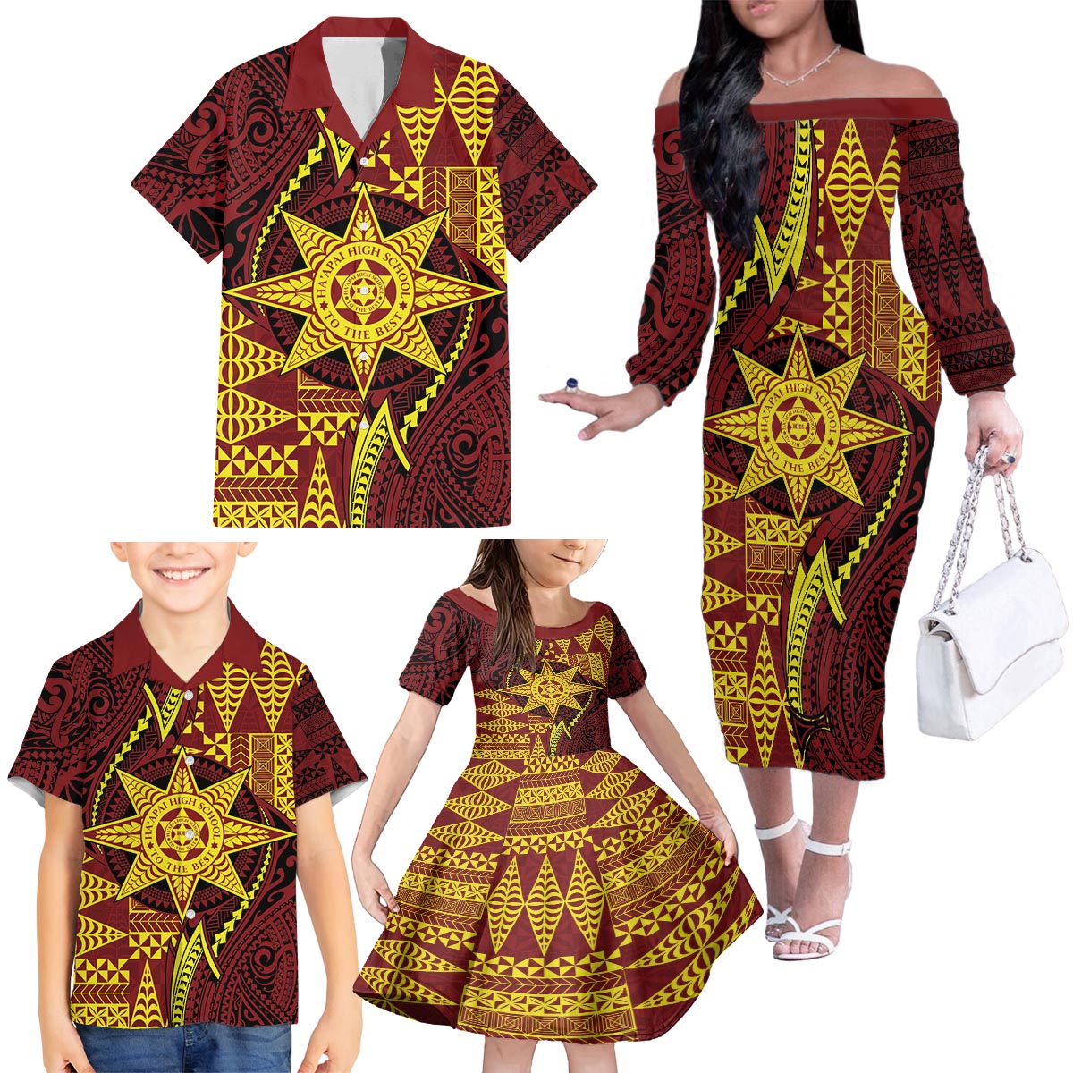 Personalised Tonga Haapai High School Family Matching Off The Shoulder Long Sleeve Dress and Hawaiian Shirt Special Kupesi Pattern LT9 - Polynesian Pride