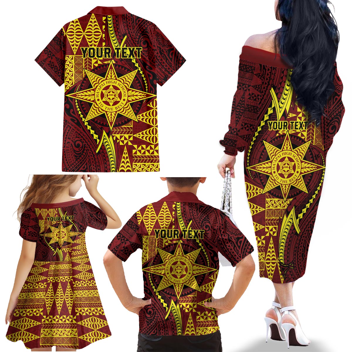 Personalised Tonga Haapai High School Family Matching Off The Shoulder Long Sleeve Dress and Hawaiian Shirt Special Kupesi Pattern LT9 - Polynesian Pride