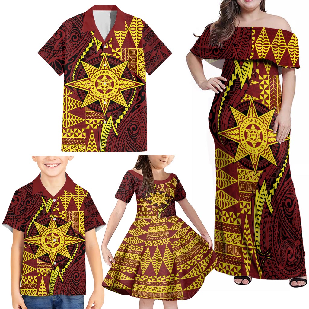 Personalised Tonga Haapai High School Family Matching Off Shoulder Maxi Dress and Hawaiian Shirt Special Kupesi Pattern LT9 - Polynesian Pride