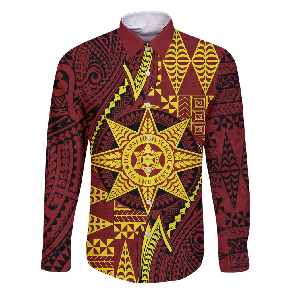 Personalised Tonga Haapai High School Family Matching Off Shoulder Maxi Dress and Hawaiian Shirt Special Kupesi Pattern LT9 Dad's Shirt - Long Sleeve Gold - Polynesian Pride