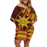 Personalised Tonga Haapai High School Family Matching Off Shoulder Short Dress and Hawaiian Shirt Special Kupesi Pattern LT9 Mom's Dress Gold - Polynesian Pride