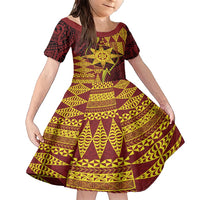 Personalised Tonga Haapai High School Family Matching Short Sleeve Bodycon Dress and Hawaiian Shirt Special Kupesi Pattern LT9 Daughter's Dress Gold - Polynesian Pride