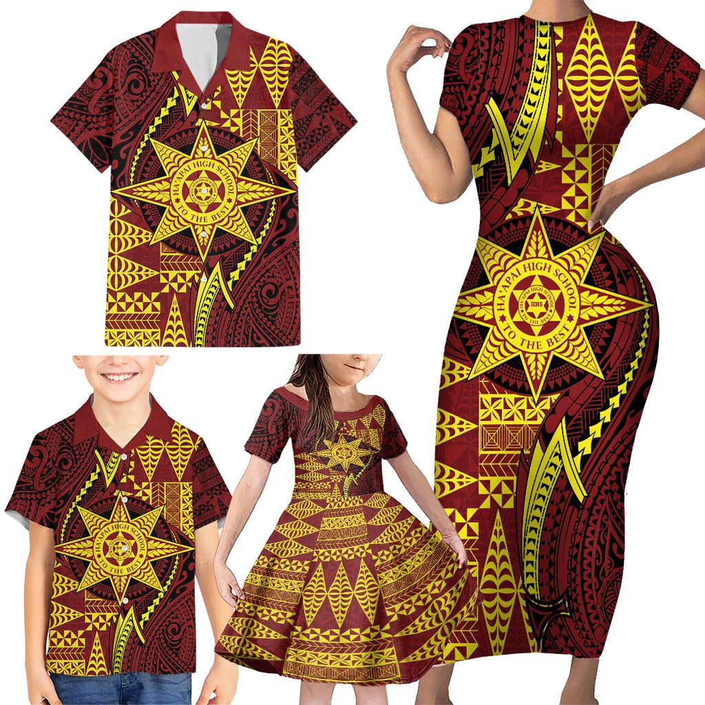 Personalised Tonga Haapai High School Family Matching Short Sleeve Bodycon Dress and Hawaiian Shirt Special Kupesi Pattern LT9 - Polynesian Pride
