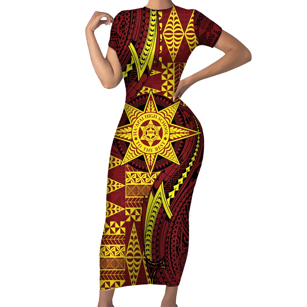 Personalised Tonga Haapai High School Family Matching Short Sleeve Bodycon Dress and Hawaiian Shirt Special Kupesi Pattern LT9 Mom's Dress Gold - Polynesian Pride