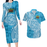 Personalised Tonga Lavengamalie College Couples Matching Long Sleeve Bodycon Dress and Hawaiian Shirt Since 1980 Special Kupesi Pattern LT9 Blue - Polynesian Pride