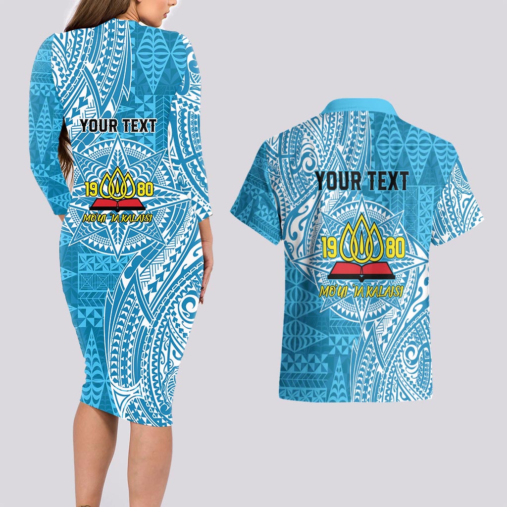 Personalised Tonga Lavengamalie College Couples Matching Long Sleeve Bodycon Dress and Hawaiian Shirt Since 1980 Special Kupesi Pattern LT9 - Polynesian Pride