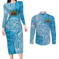 Personalised Tonga Lavengamalie College Couples Matching Long Sleeve Bodycon Dress and Long Sleeve Button Shirt Since 1980 Special Kupesi Pattern LT9 Blue - Polynesian Pride