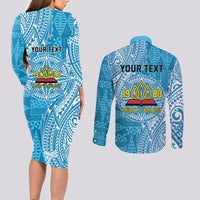 Personalised Tonga Lavengamalie College Couples Matching Long Sleeve Bodycon Dress and Long Sleeve Button Shirt Since 1980 Special Kupesi Pattern LT9 - Polynesian Pride