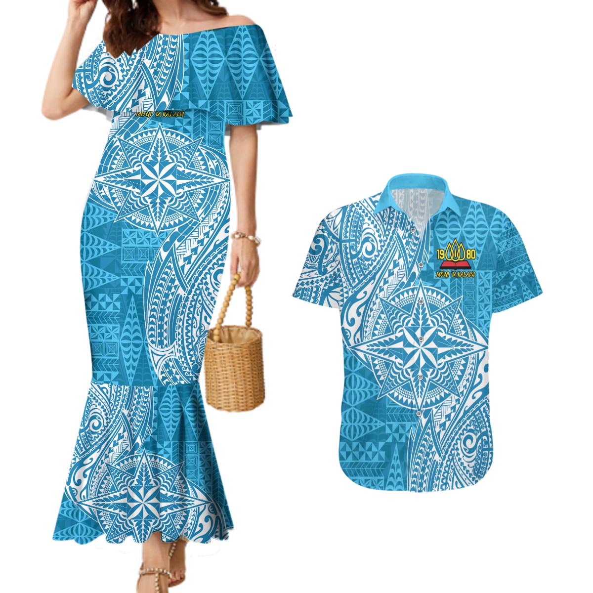 Personalised Tonga Lavengamalie College Couples Matching Mermaid Dress and Hawaiian Shirt Since 1980 Special Kupesi Pattern LT9 Blue - Polynesian Pride