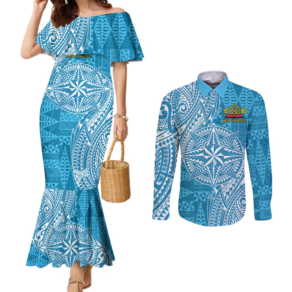 Personalised Tonga Lavengamalie College Couples Matching Mermaid Dress and Long Sleeve Button Shirt Since 1980 Special Kupesi Pattern LT9 Blue - Polynesian Pride