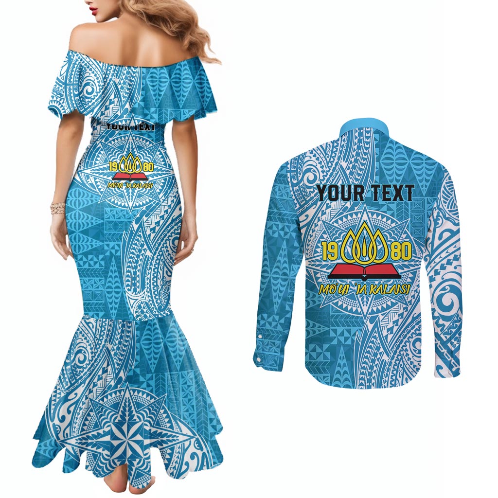 Personalised Tonga Lavengamalie College Couples Matching Mermaid Dress and Long Sleeve Button Shirt Since 1980 Special Kupesi Pattern LT9 - Polynesian Pride