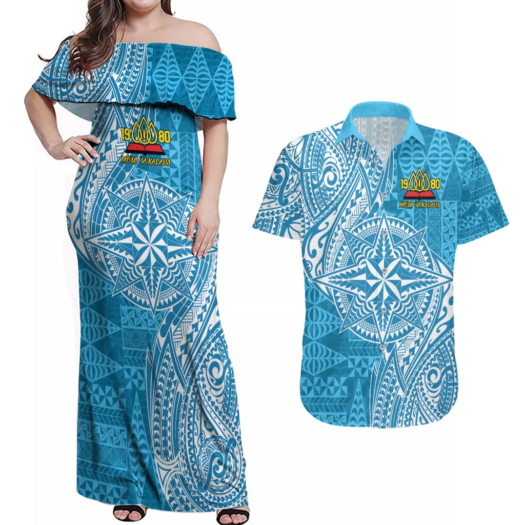 Personalised Tonga Lavengamalie College Couples Matching Off Shoulder Maxi Dress and Hawaiian Shirt Since 1980 Special Kupesi Pattern LT9 Blue - Polynesian Pride