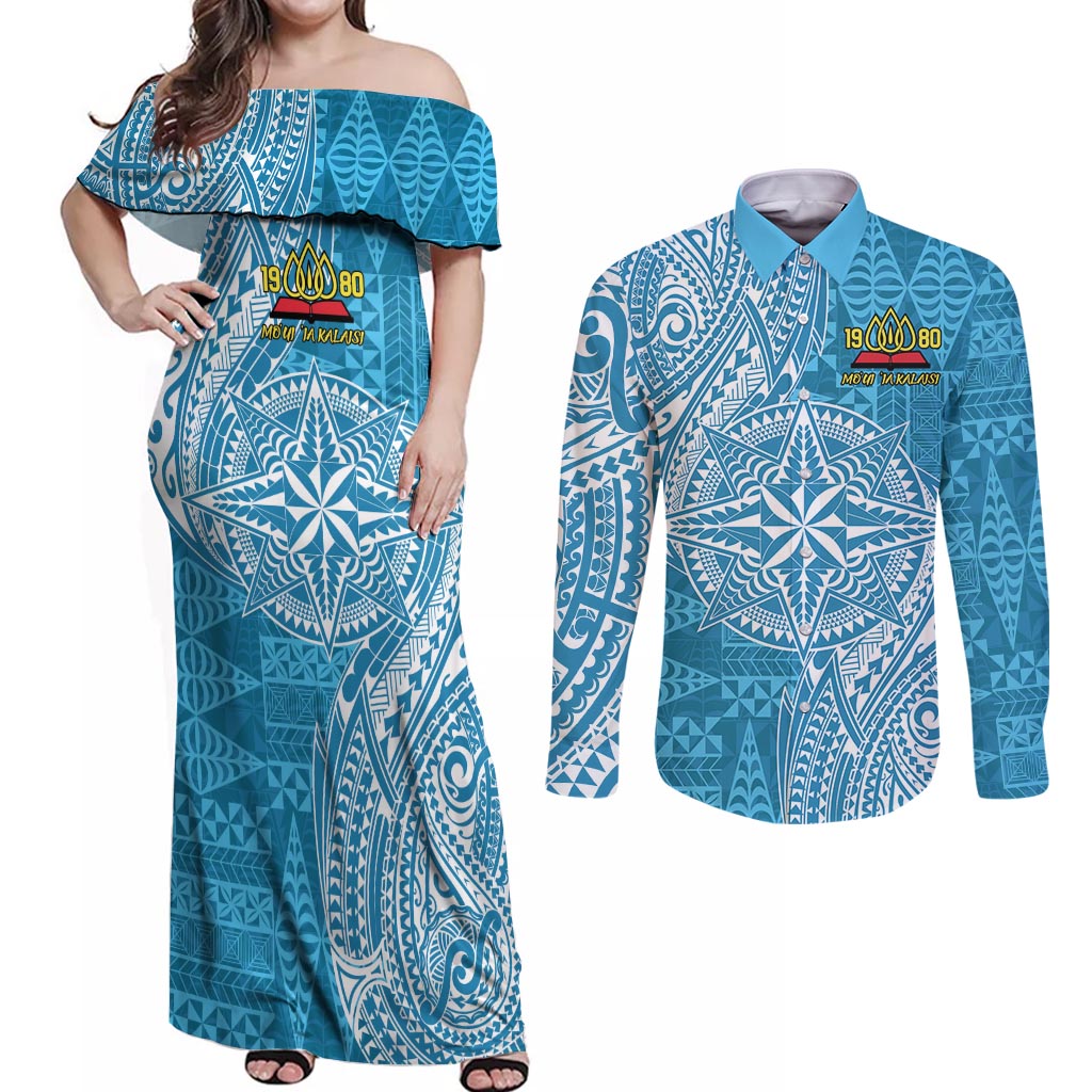Personalised Tonga Lavengamalie College Couples Matching Off Shoulder Maxi Dress and Long Sleeve Button Shirt Since 1980 Special Kupesi Pattern LT9 Blue - Polynesian Pride