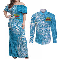 Personalised Tonga Lavengamalie College Couples Matching Off Shoulder Maxi Dress and Long Sleeve Button Shirt Since 1980 Special Kupesi Pattern LT9 Blue - Polynesian Pride