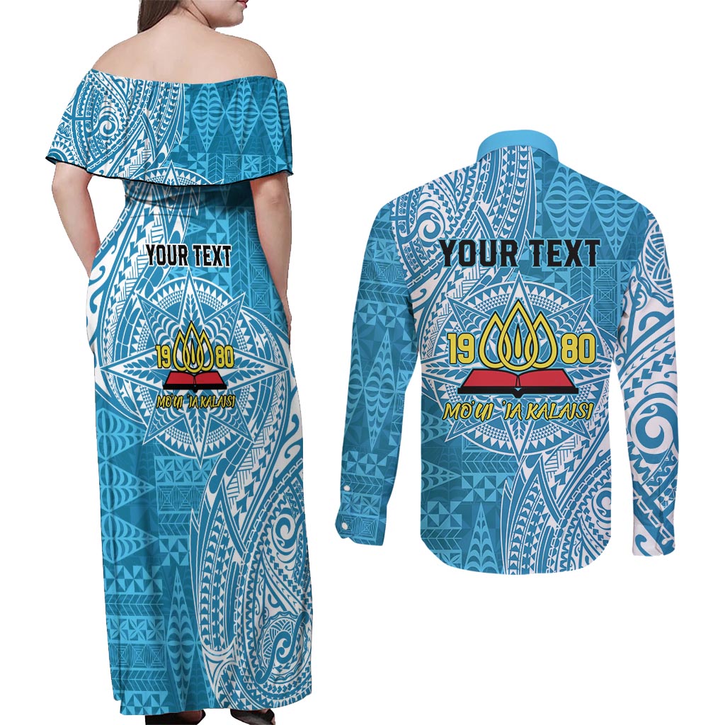 Personalised Tonga Lavengamalie College Couples Matching Off Shoulder Maxi Dress and Long Sleeve Button Shirt Since 1980 Special Kupesi Pattern LT9 - Polynesian Pride