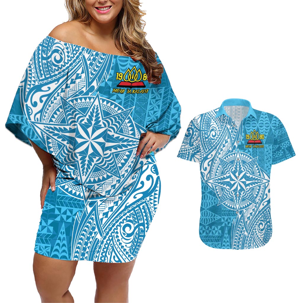 Personalised Tonga Lavengamalie College Couples Matching Off Shoulder Short Dress and Hawaiian Shirt Since 1980 Special Kupesi Pattern LT9 Blue - Polynesian Pride