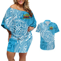 Personalised Tonga Lavengamalie College Couples Matching Off Shoulder Short Dress and Hawaiian Shirt Since 1980 Special Kupesi Pattern LT9 Blue - Polynesian Pride