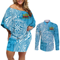 Personalised Tonga Lavengamalie College Couples Matching Off Shoulder Short Dress and Long Sleeve Button Shirt Since 1980 Special Kupesi Pattern LT9 Blue - Polynesian Pride