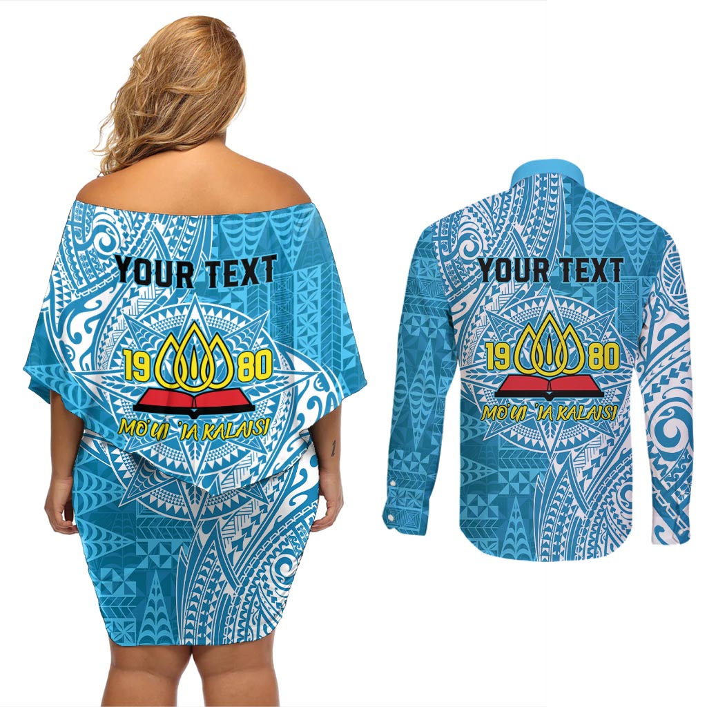 Personalised Tonga Lavengamalie College Couples Matching Off Shoulder Short Dress and Long Sleeve Button Shirt Since 1980 Special Kupesi Pattern LT9 - Polynesian Pride