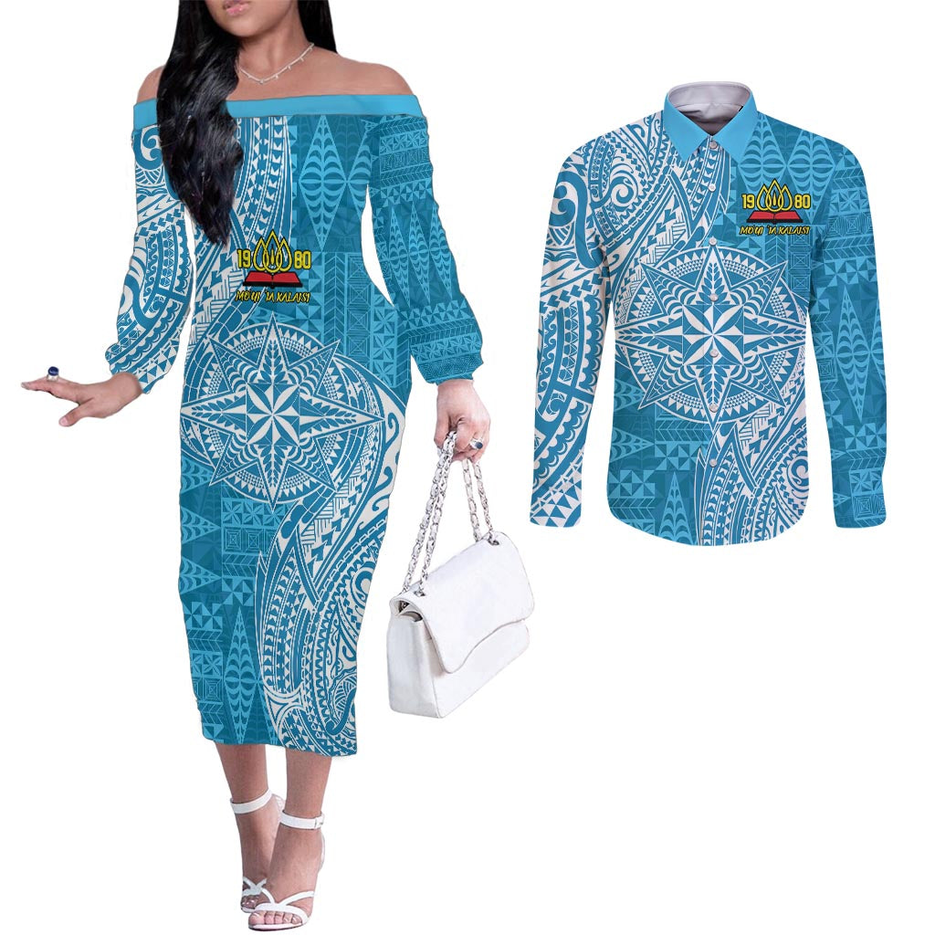 Personalised Tonga Lavengamalie College Couples Matching Off The Shoulder Long Sleeve Dress and Long Sleeve Button Shirt Since 1980 Special Kupesi Pattern LT9 Blue - Polynesian Pride