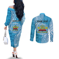 Personalised Tonga Lavengamalie College Couples Matching Off The Shoulder Long Sleeve Dress and Long Sleeve Button Shirt Since 1980 Special Kupesi Pattern LT9 - Polynesian Pride