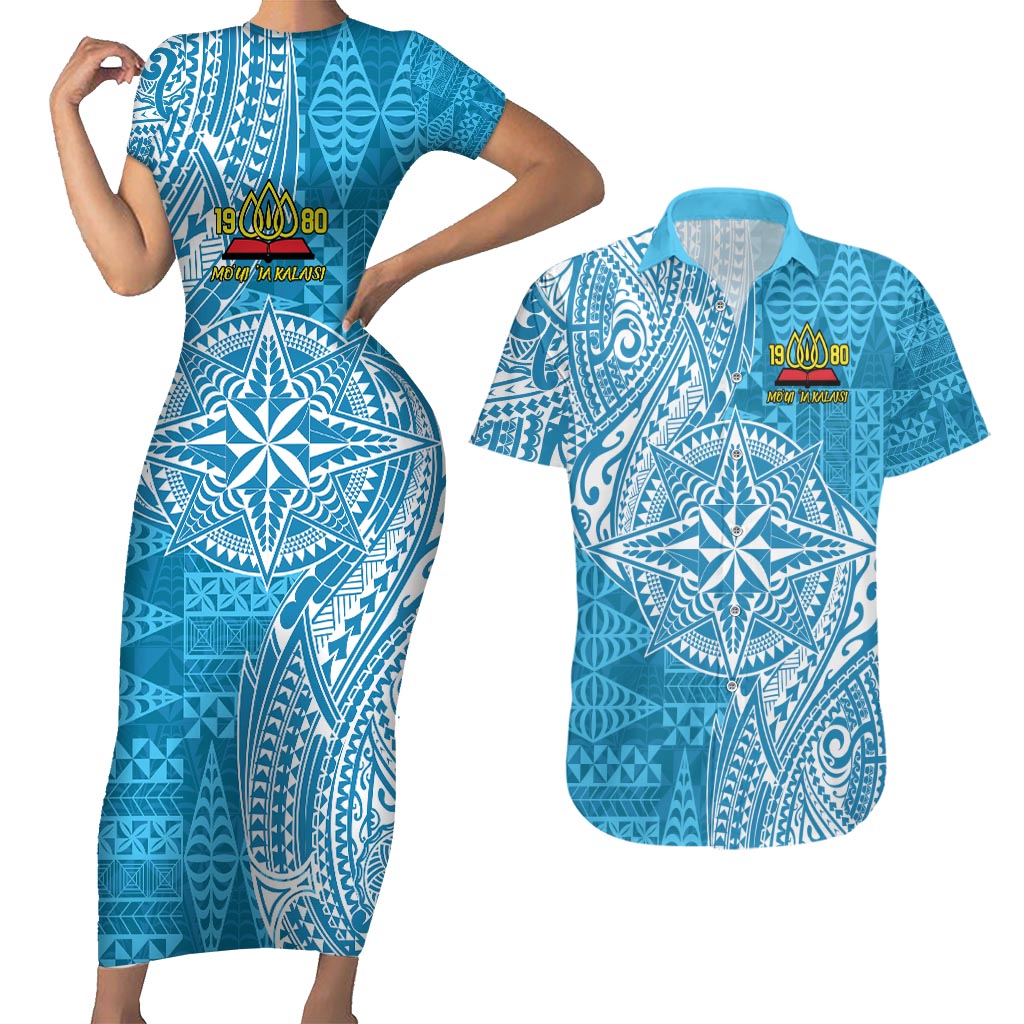 Personalised Tonga Lavengamalie College Couples Matching Short Sleeve Bodycon Dress and Hawaiian Shirt Since 1980 Special Kupesi Pattern LT9 Blue - Polynesian Pride