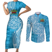 Personalised Tonga Lavengamalie College Couples Matching Short Sleeve Bodycon Dress and Long Sleeve Button Shirt Since 1980 Special Kupesi Pattern LT9 Blue - Polynesian Pride