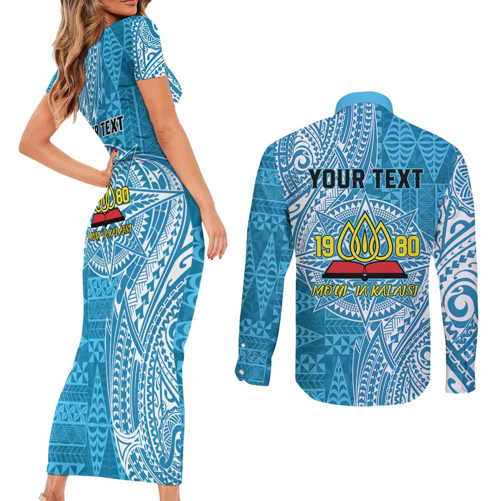 Personalised Tonga Lavengamalie College Couples Matching Short Sleeve Bodycon Dress and Long Sleeve Button Shirt Since 1980 Special Kupesi Pattern LT9 - Polynesian Pride