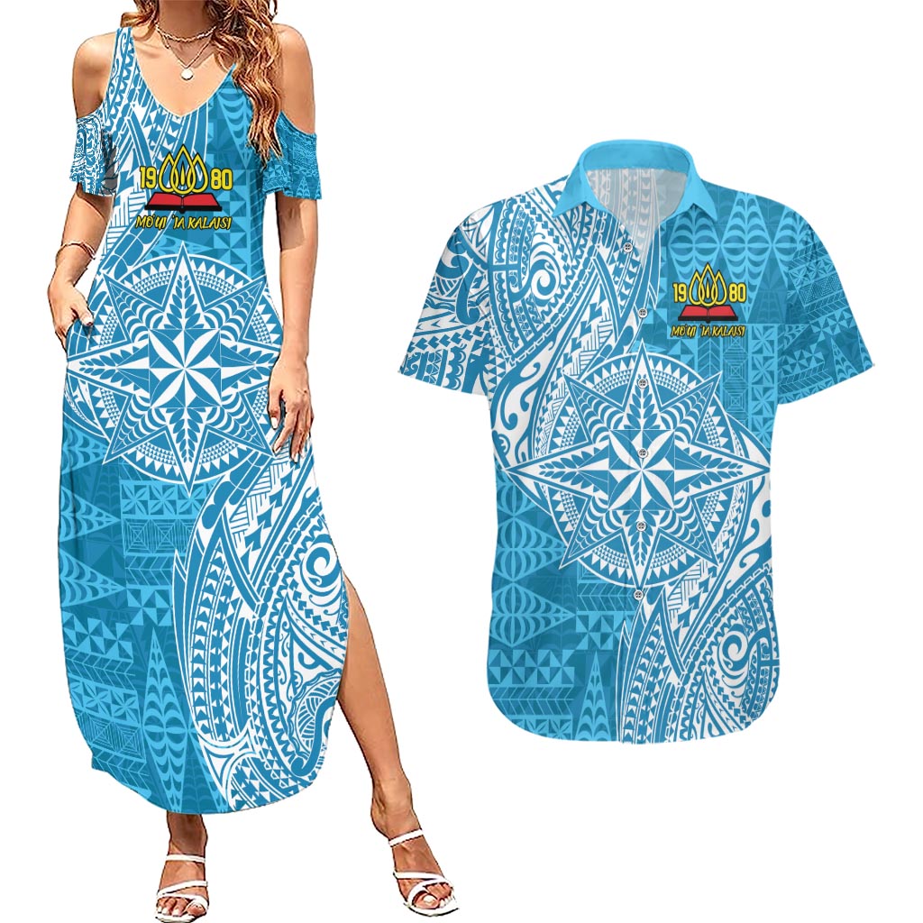 Personalised Tonga Lavengamalie College Couples Matching Summer Maxi Dress and Hawaiian Shirt Since 1980 Special Kupesi Pattern LT9 Blue - Polynesian Pride