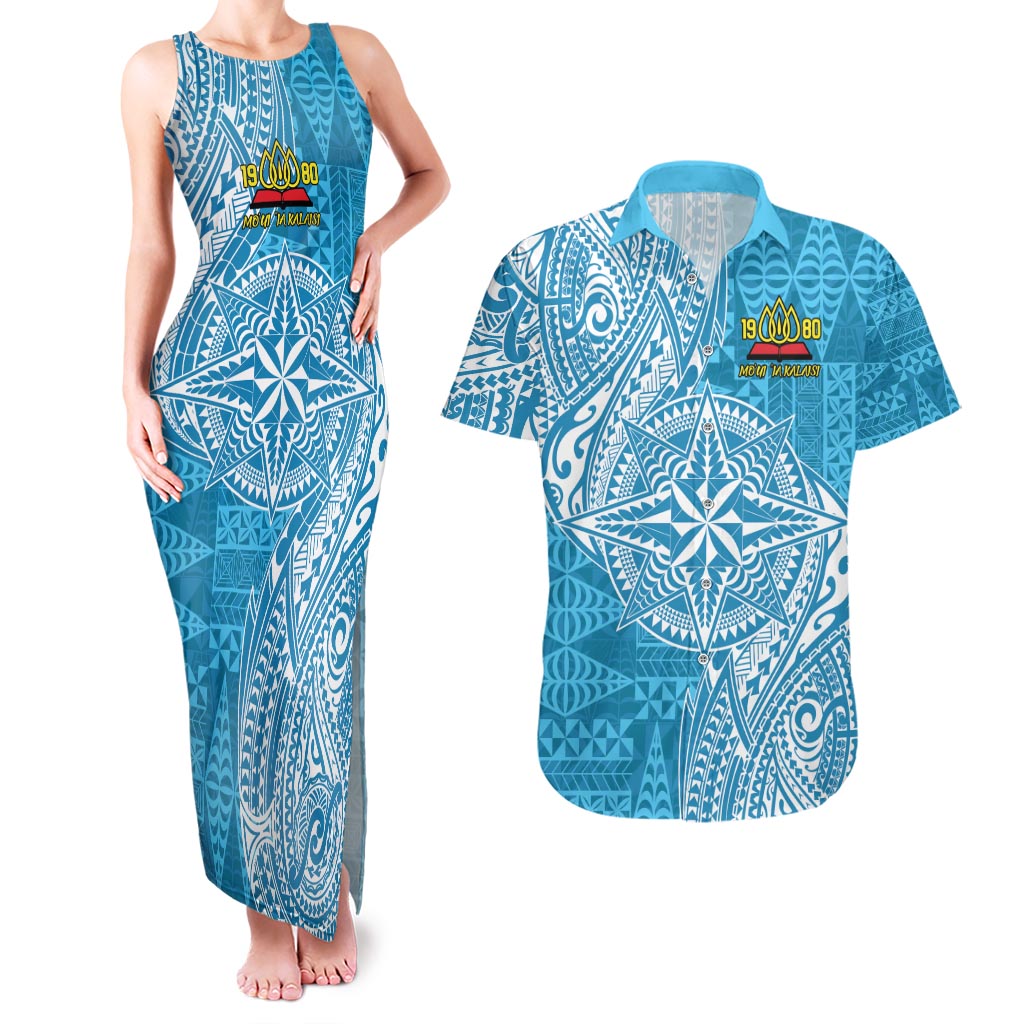 Personalised Tonga Lavengamalie College Couples Matching Tank Maxi Dress and Hawaiian Shirt Since 1980 Special Kupesi Pattern LT9 Blue - Polynesian Pride
