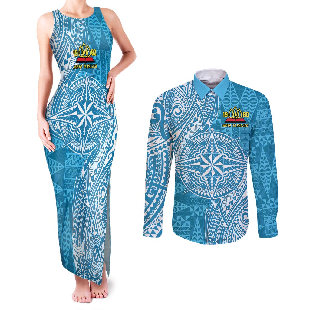 Personalised Tonga Lavengamalie College Couples Matching Tank Maxi Dress and Long Sleeve Button Shirt Since 1980 Special Kupesi Pattern LT9 Blue - Polynesian Pride
