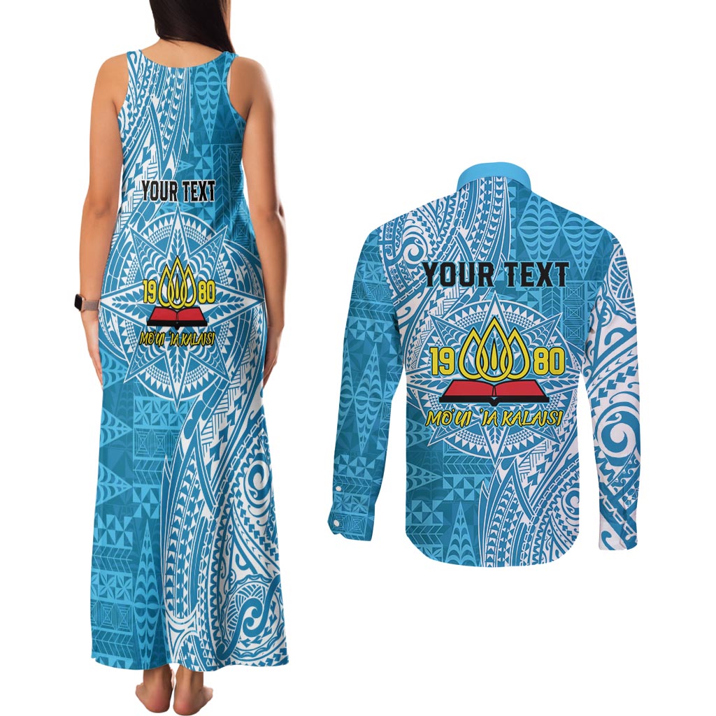 Personalised Tonga Lavengamalie College Couples Matching Tank Maxi Dress and Long Sleeve Button Shirt Since 1980 Special Kupesi Pattern LT9 - Polynesian Pride