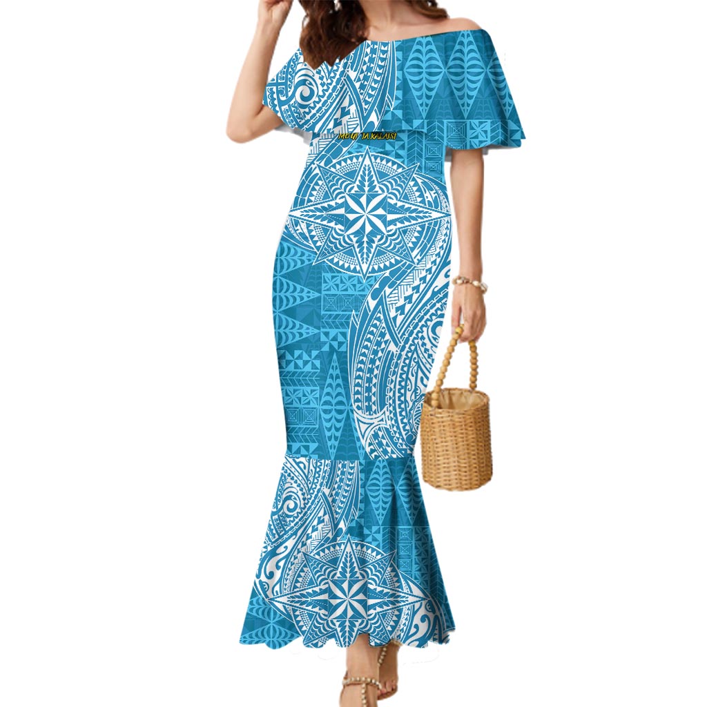 Personalised Tonga Lavengamalie College Family Matching Mermaid Dress and Hawaiian Shirt Since 1980 Special Kupesi Pattern LT9 Mom's Dress Blue - Polynesian Pride