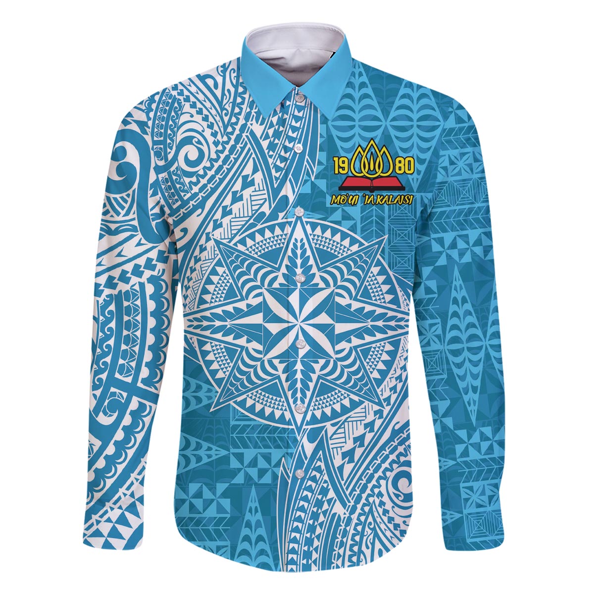 Personalised Tonga Lavengamalie College Family Matching Off The Shoulder Long Sleeve Dress and Hawaiian Shirt Since 1980 Special Kupesi Pattern LT9 Dad's Shirt - Long Sleeve Blue - Polynesian Pride