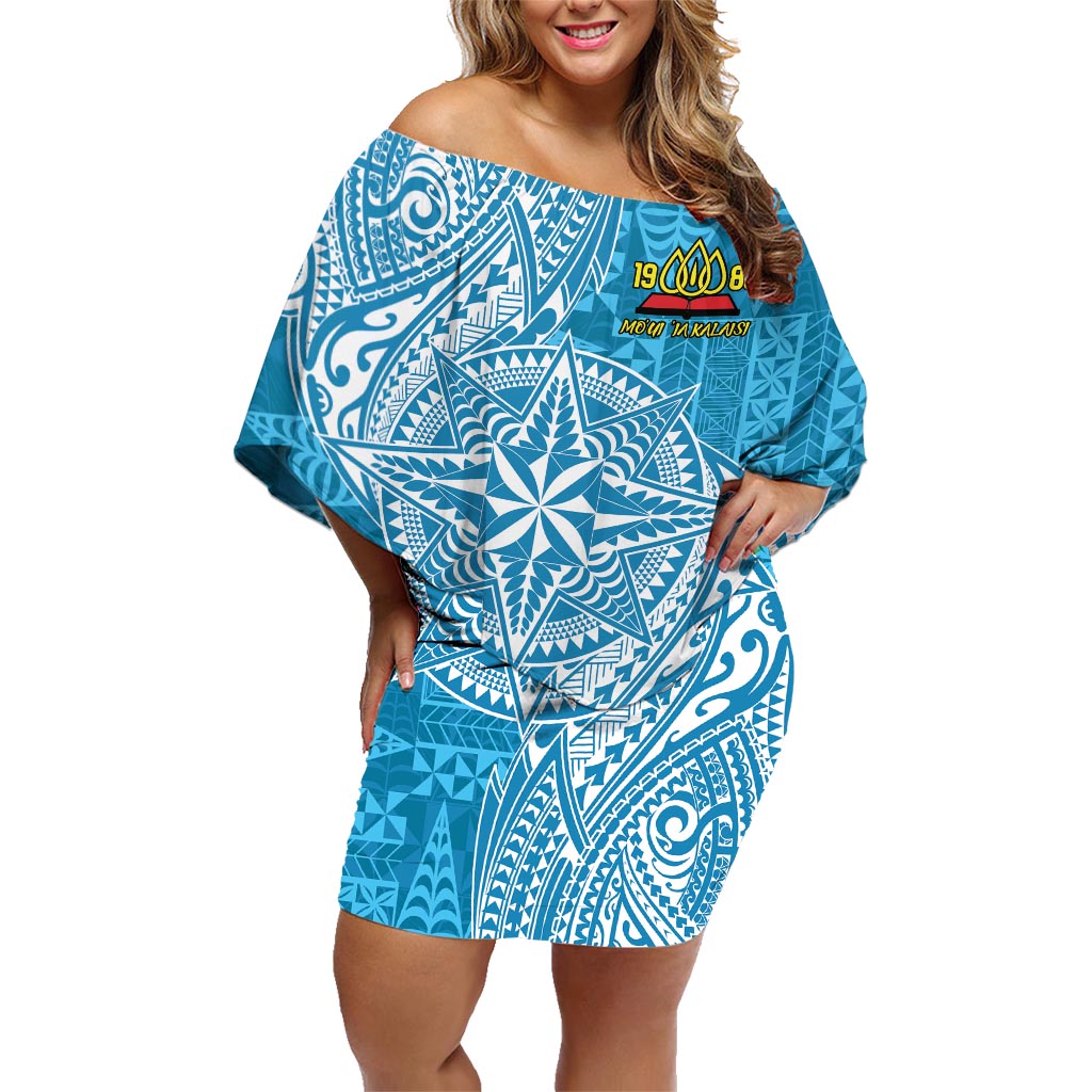 Personalised Tonga Lavengamalie College Family Matching Off Shoulder Short Dress and Hawaiian Shirt Since 1980 Special Kupesi Pattern LT9 Mom's Dress Blue - Polynesian Pride