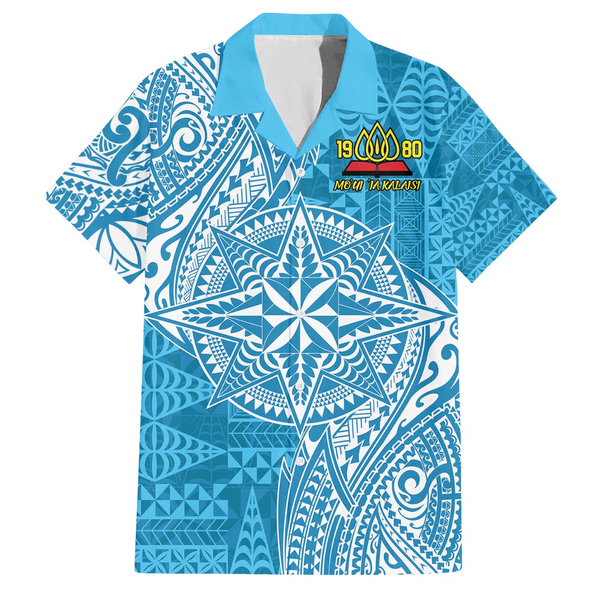 Personalised Tonga Lavengamalie College Family Matching Puletasi and Hawaiian Shirt Since 1980 Special Kupesi Pattern LT9 Dad's Shirt - Short Sleeve Blue - Polynesian Pride
