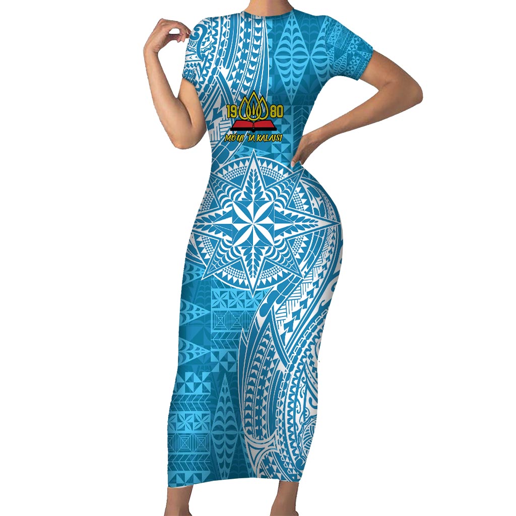 Personalised Tonga Lavengamalie College Family Matching Short Sleeve Bodycon Dress and Hawaiian Shirt Since 1980 Special Kupesi Pattern LT9 Mom's Dress Blue - Polynesian Pride
