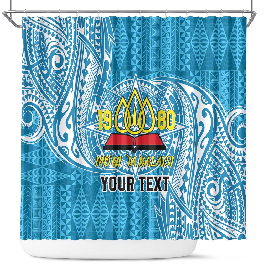 Personalised Tonga Lavengamalie College Shower Curtain Since 1980 Special Kupesi Pattern LT9 Blue - Polynesian Pride
