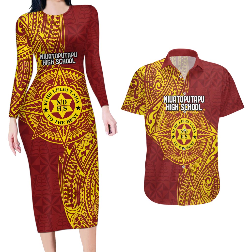 Personalised Tonga Niuatoputapu High School Couples Matching Long Sleeve Bodycon Dress and Hawaiian Shirt Special Kupesi Pattern LT9 Gold - Polynesian Pride