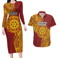 Personalised Tonga Niuatoputapu High School Couples Matching Long Sleeve Bodycon Dress and Hawaiian Shirt Special Kupesi Pattern LT9 Gold - Polynesian Pride