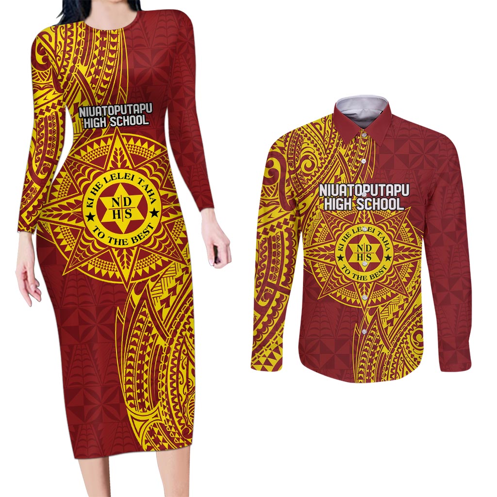 Personalised Tonga Niuatoputapu High School Couples Matching Long Sleeve Bodycon Dress and Long Sleeve Button Shirt Special Kupesi Pattern LT9 Gold - Polynesian Pride