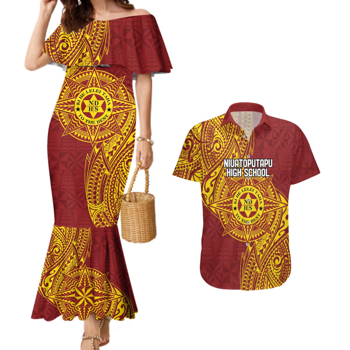 Personalised Tonga Niuatoputapu High School Couples Matching Mermaid Dress and Hawaiian Shirt Special Kupesi Pattern LT9 Gold - Polynesian Pride