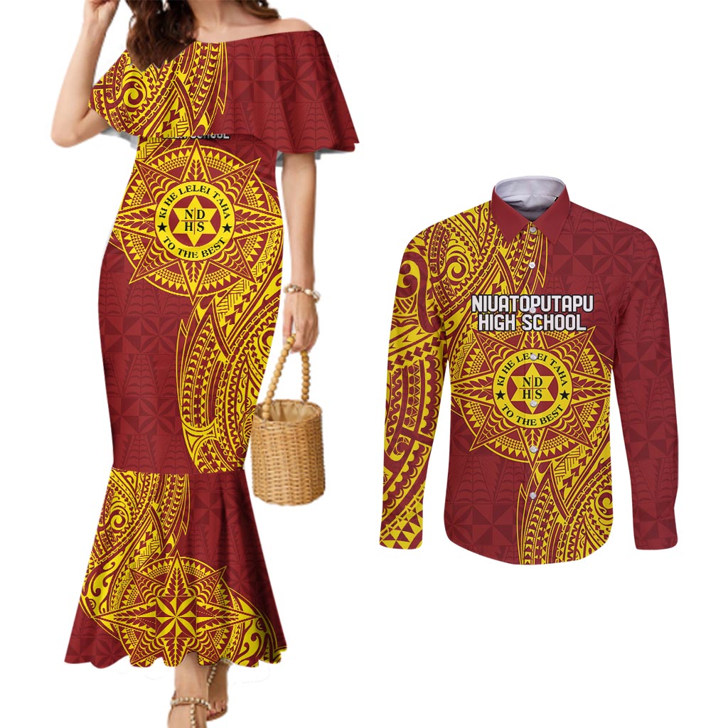 Personalised Tonga Niuatoputapu High School Couples Matching Mermaid Dress and Long Sleeve Button Shirt Special Kupesi Pattern LT9 Gold - Polynesian Pride