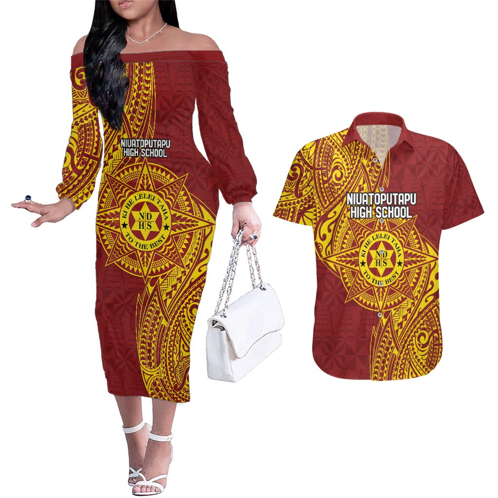 Personalised Tonga Niuatoputapu High School Couples Matching Off The Shoulder Long Sleeve Dress and Hawaiian Shirt Special Kupesi Pattern LT9 Gold - Polynesian Pride