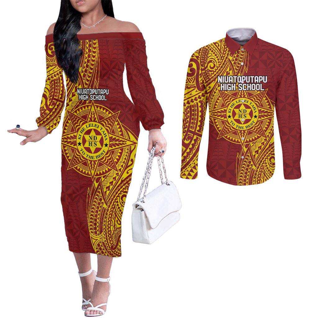 Personalised Tonga Niuatoputapu High School Couples Matching Off The Shoulder Long Sleeve Dress and Long Sleeve Button Shirt Special Kupesi Pattern LT9 Gold - Polynesian Pride